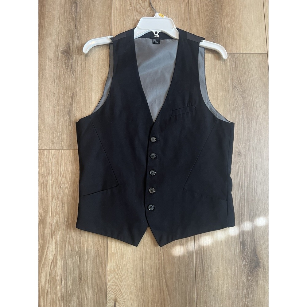 H&M Mens Black Suit Vest Waistcoat 36R 5 Button Adjustable Back Formal